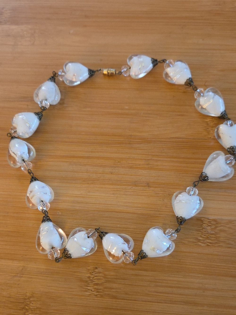 Vintage Lampwork White Heart Glass Bead Necklace